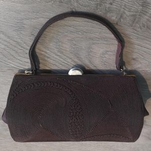 Vintage Brown Pleated Ribbon Embroidered Clutch Handbag with Antique Brass Frame